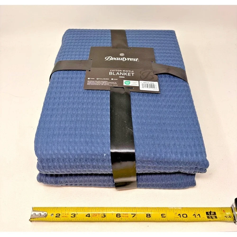 NOS HTF Beautyrest Cotton Waffle Blanket Full Queen Blue Cotton Bedding